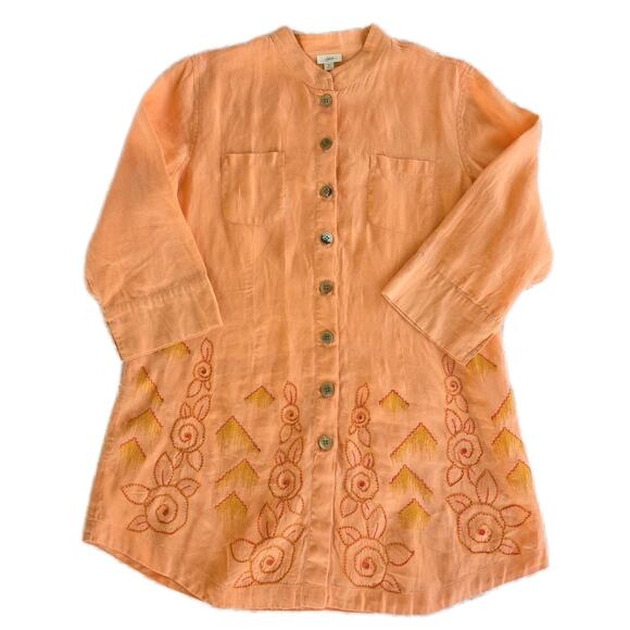 J. Jill Tops - J. Jill Women's Medium 100% Linen Embroidered Tunic Top Peach 3 Quarter Sleeve